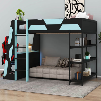 Full Size Gaming Loft Bed Equipped With Desk, Shelves And Integrated Lights