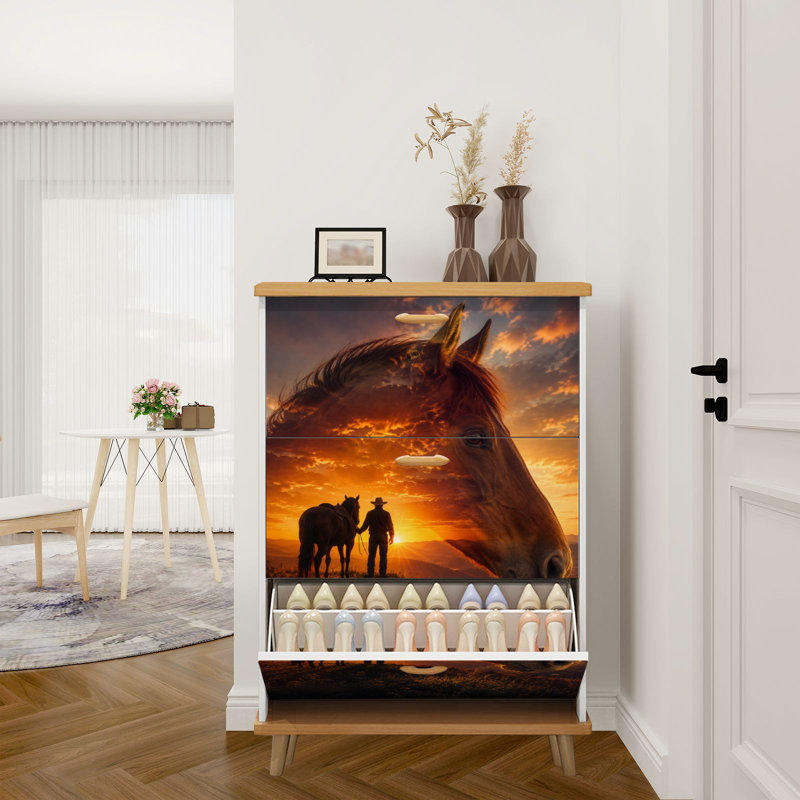 Armoire de rangement pour chaussures avec 3 tiroirs rabattables pour une double exposition majestueuse tête de cheval Cowboy Sunset Mountain Range-chaussures