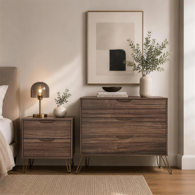 Ensemble de chambre à coucher avec commode et table de chevet 2 pièces Avira, Brown