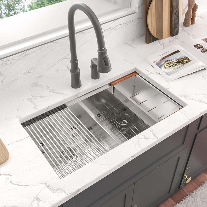 36" L x 19" W Undermount Double Kitchen Sink Stainless Steel 16 Gauge Ledge Workstation 50/50 Low Divide Double Basin Sinks with Accessories