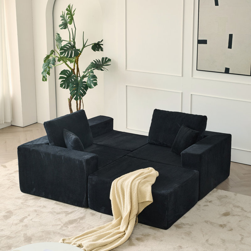 Canapé modulaire 110 po avec repose-pieds Cloud, Velours côtelé noir