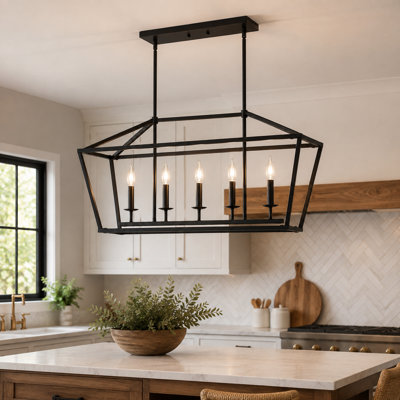 38.6" 5-Light Modern Farmhouse Linear Chandelier, Black Open-Cage Kitchen Island Pendant with Adjustable Height