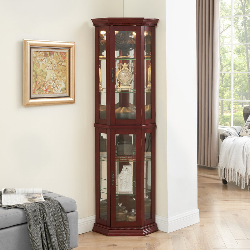 Corner Curio Cabinet Withs, Adjustable Tempered Glass Shelves, Mirrored Back, Display Cabinet (E26 Bulb Not Included), Cherry