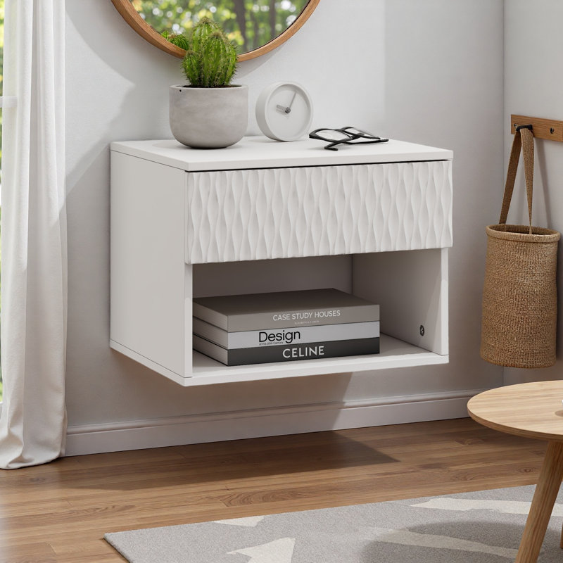 Ensemble de 2 tables de chevet avec armoire à tiroirs murale moderne: tablette ouverte, rails à 3 niveaux, design sculpté