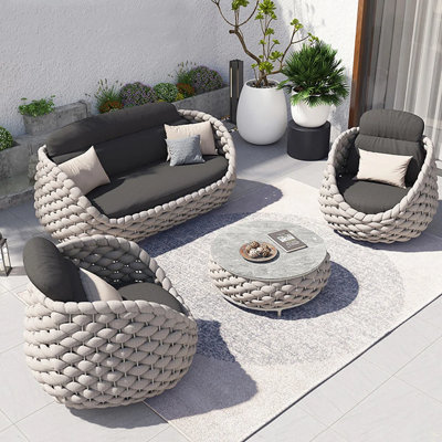 4-Person Outdoor Sofa Set with Arm Chairs, Woven Rope Design & Faux Marble Coffee Table, Waterproof Patio Seating Group by Bungalow Rose