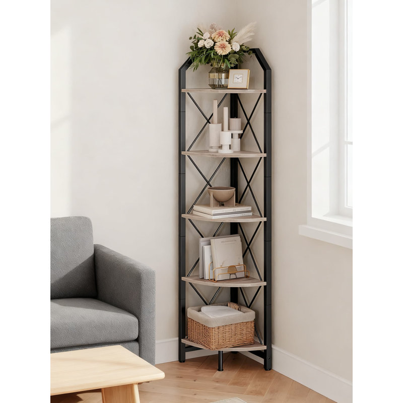 5-Tier Corner Bookshelf, Industrial Style Storage Shelf With 5 Spacious Tiers, Fan-Shaped Design For Maximizing Corner Space In Living Room, Bedroom, Home Office