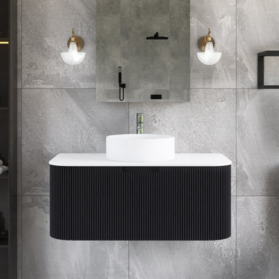 36 po W Meuble-lavabo mural simple noir avec lavabo blanc