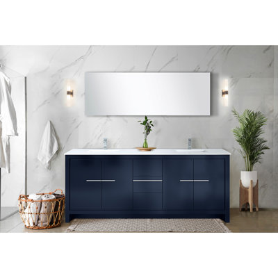 Meuble-lavabo double bleu marine 80 po X P 20 po avec comptoir en quartz blanc et robinet - tiroirs et armoires à fermeture en douceur pour le comptoir de rangement