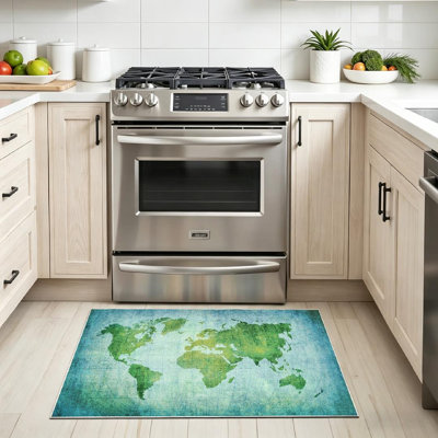 Blue Machine Washable,Vintage World Map Old Green Africa Indoor Area Rug