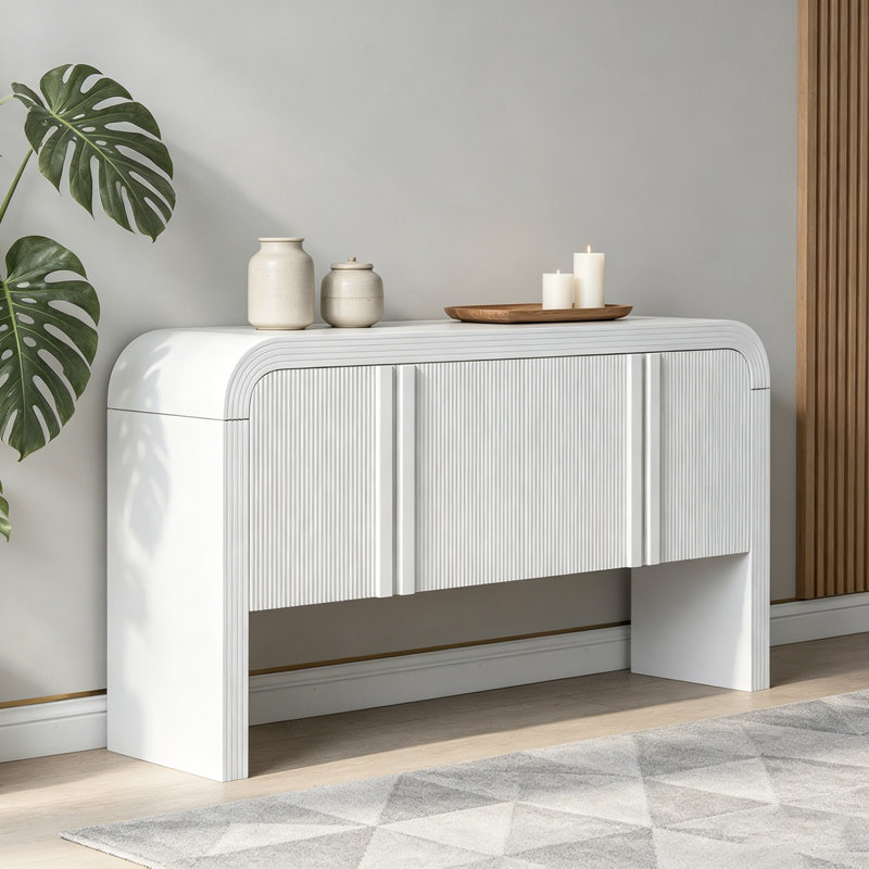 62.2'' Curved Wave-Pattern Console Table With 4 Doors, Adjustable Shelf - Rustic Entryway &Amp; Sofa Table, White