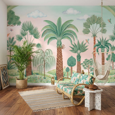Papier peint paysage tropical, palmiers, aquarelle, illustration murale amovible