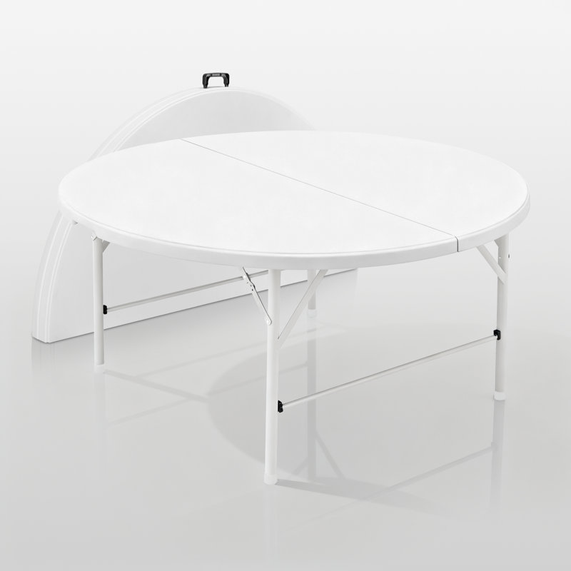 Table ronde en plastique pliable ronde avec cadre en acier pliable et poignée de transport, H 29,5 po x L 60 po x P 60 po