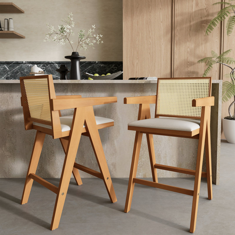 Tabouret de bar minimaliste moderne de 27 po avec siège en bois massif, structure en bois massif, Blanc/naturel