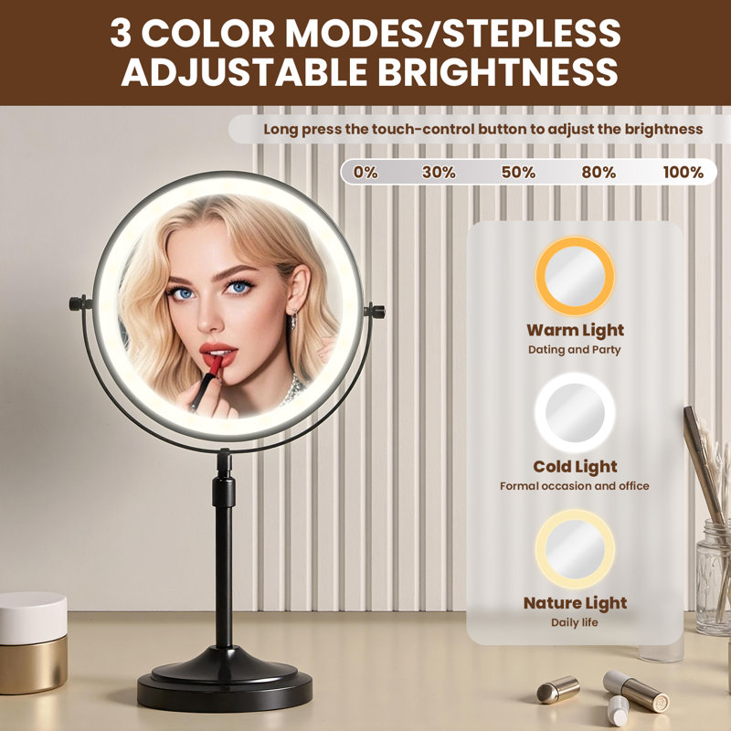 Miroir de maquillage 8 "avec miroir de maquillage réglable en hauteur à grossissement 1X / 10X, Noir