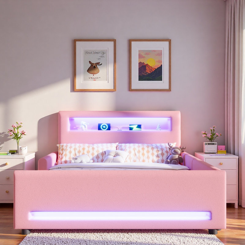 Lit plateforme tapissier avec tiroir, bande lumineuse à DEL et port USB, Lit double, Rose