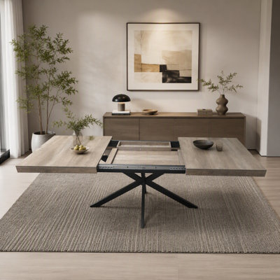 55.11"-70.86"Retro Rectangular Stretch Dining Table, Grey Carole Top With Same Color Embossed Center Plate,With Storage Box,Suitable for dining rooms,