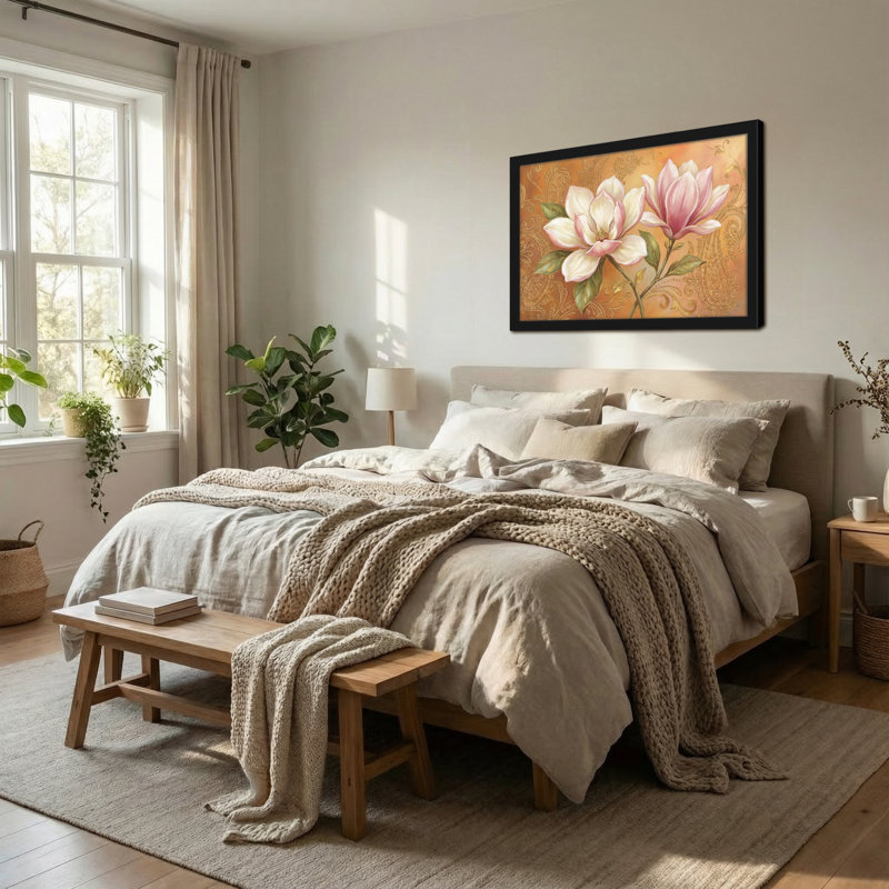 Plants & Flowers Magnolia Flowers On Ornate Background, 12” H x 18” W