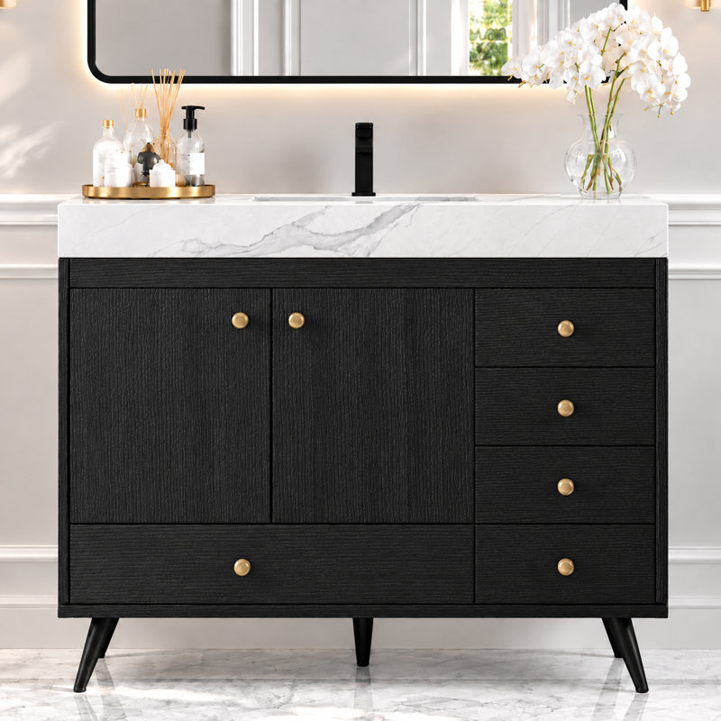 Meuble-lavabo autoportant moderne 36 po avec 1 armoire et 5 tiroirs, comptoir en pierre frittée, lavabo en céramique et pieds en acier inoxydable