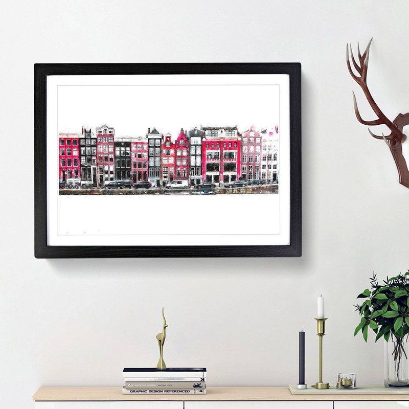Wintertime in Amsterdam Netherlands - Picture Frame Painting Print on MDF, 62cm H x 87cm W x 2cm D, Black Framed