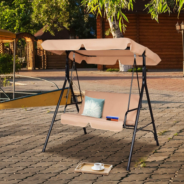 Khaki Steel Frame 2-Person Outdoor Porch Swing with Removable Cushions