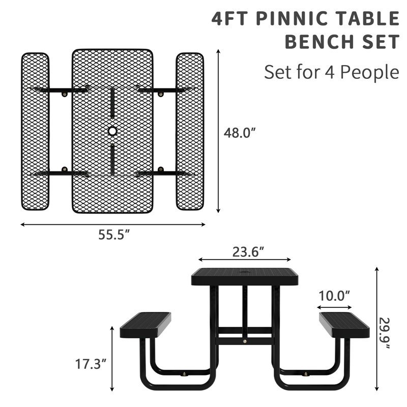 Table de pique-nique extérieure thermolaquée commerciale pour 4 à 6 personnes, 4 pi, Noir