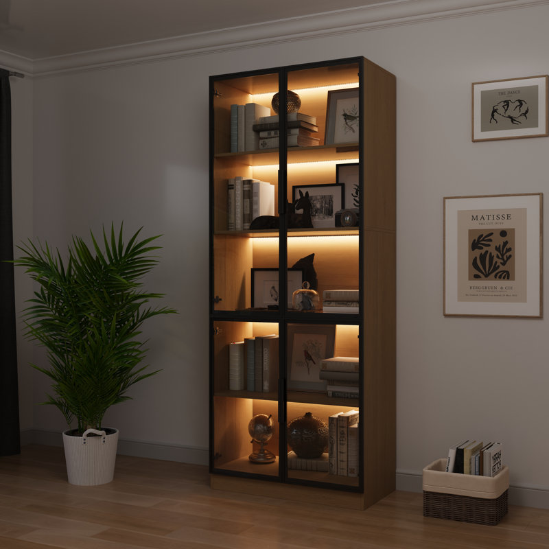 L 31,5 po - Bibliothèque avec portes vitrées et lumières DEL, H 78,7 po x l 31,5 po x P 16 po, Chêne