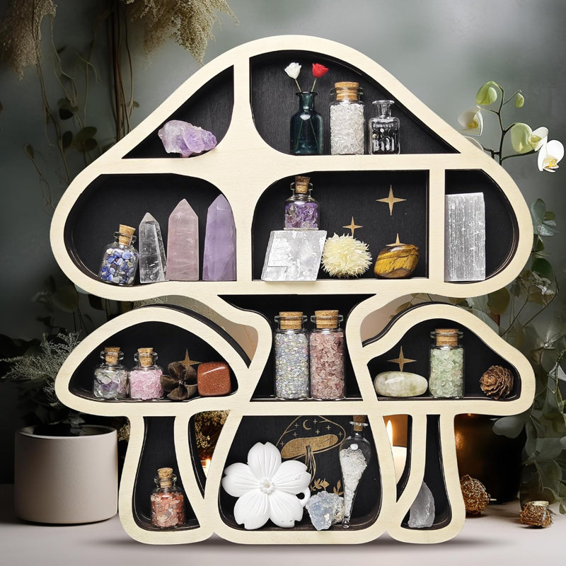 Wooden Mushroom Floating Shelf For Wall - Crystal Display Organizer With 3 Mushroom Design, Essential Oil Holder, Rock Gem Storage, Spiritual Decor And Unique Gift