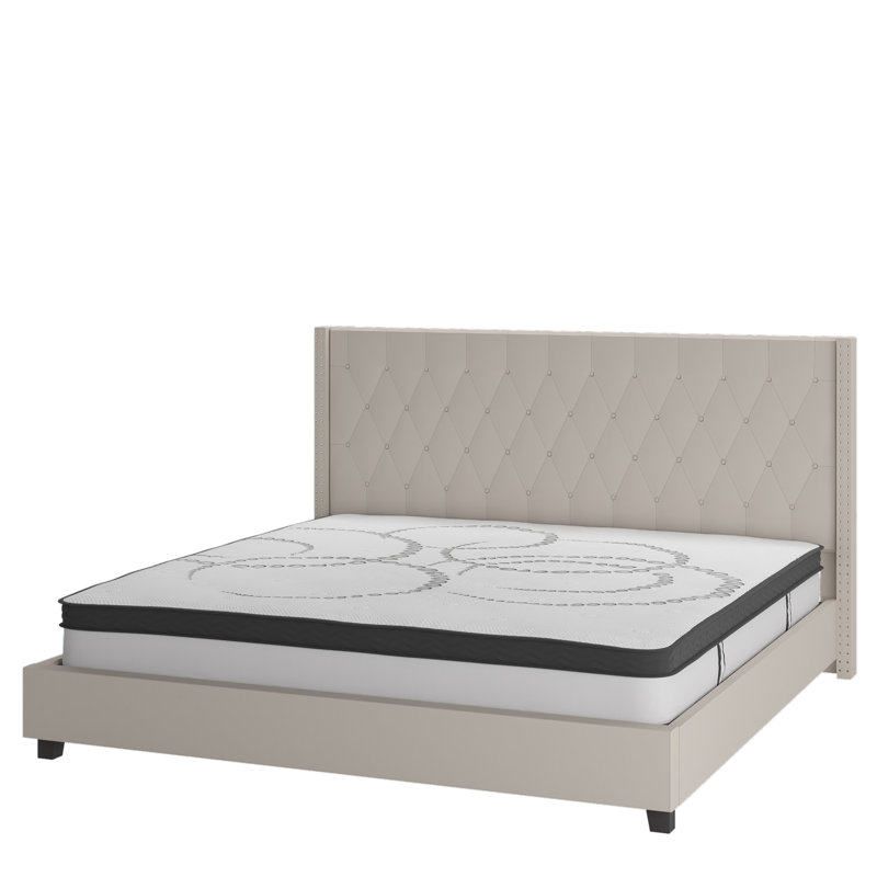 Riverdale Tufted Platform Bed with 10 Inch Pocket Spring Mattress, Beige, King