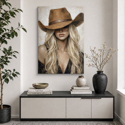 Western Cowgirl Hat Woman Artwork, Bedroom Pictures, Framed Canvas Giclee Print Wall Art