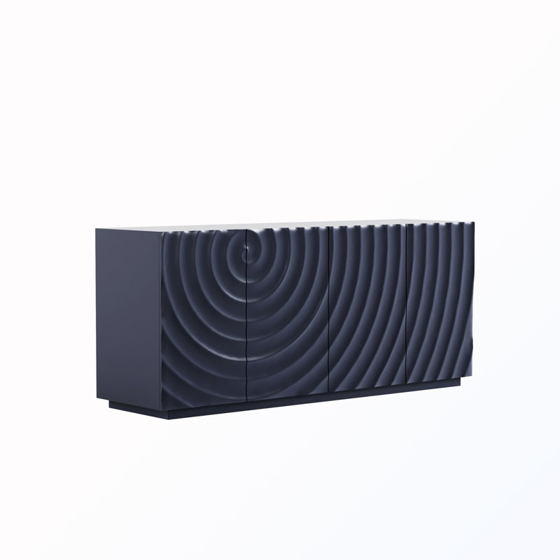 Buffet moderne bleu marine de 59 pouces de largeur avec conception 3D à ondulation d'eau et portes à fermeture en douceur