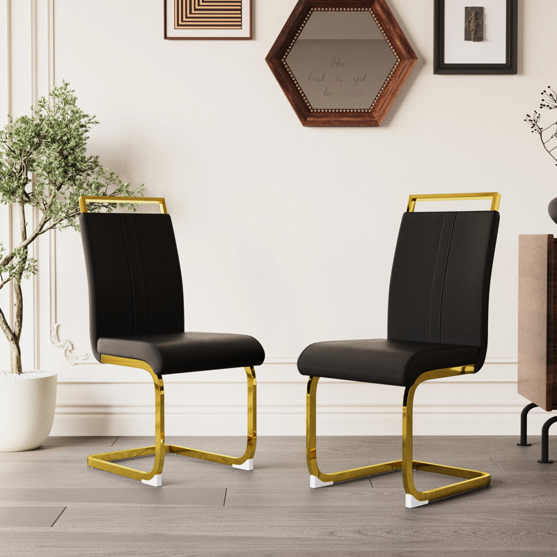 Lot de 2 chaises de salle à manger modernes en similicuir PU - Dossier haut, pieds en métal doré plaqué, pour cuisine, chambre, salon - Noir - 2
