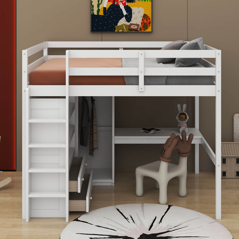 Lit mezzanine double avec bureau, tablettes et tiroirs, Blanc