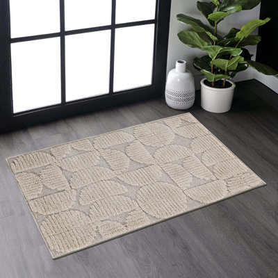 Tapis d'intérieur haut / bas beige Step Collection, moderne, contemporain, géométrique, bohémien, chambre à coucher, cuisine, salon, tapis sans perte de poils