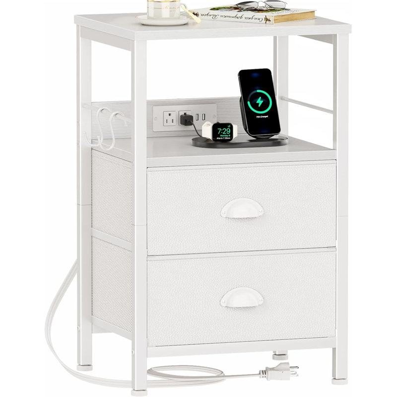 White Nightstand End Table With Charging Station 