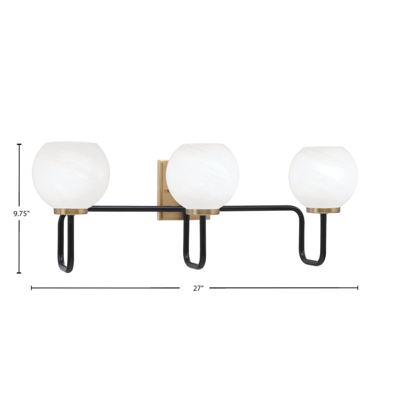 Barre d'éclairage de salle de bain 3 lumières Amarmula au fini noir mat et laiton vieilli, verre marbré blanc de 5,75 po