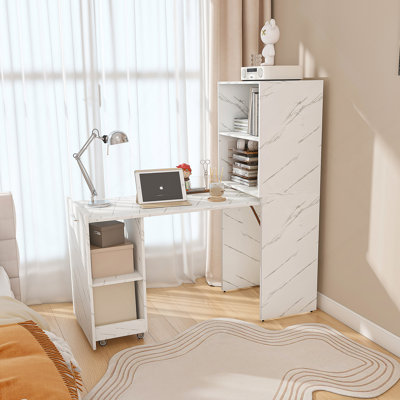 Bureau extensible avec tablettes de rangement et roues mobiles, pliable et peu encombrant pour petits appartements et bureaux, finition marbre blanc