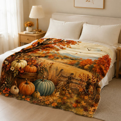Plaid douillet à motif d'automne, couverture chaude et moelleuse pour canapé ou lit, idéal pour décorer le salon, l'extérieur ou une maison de campagne.