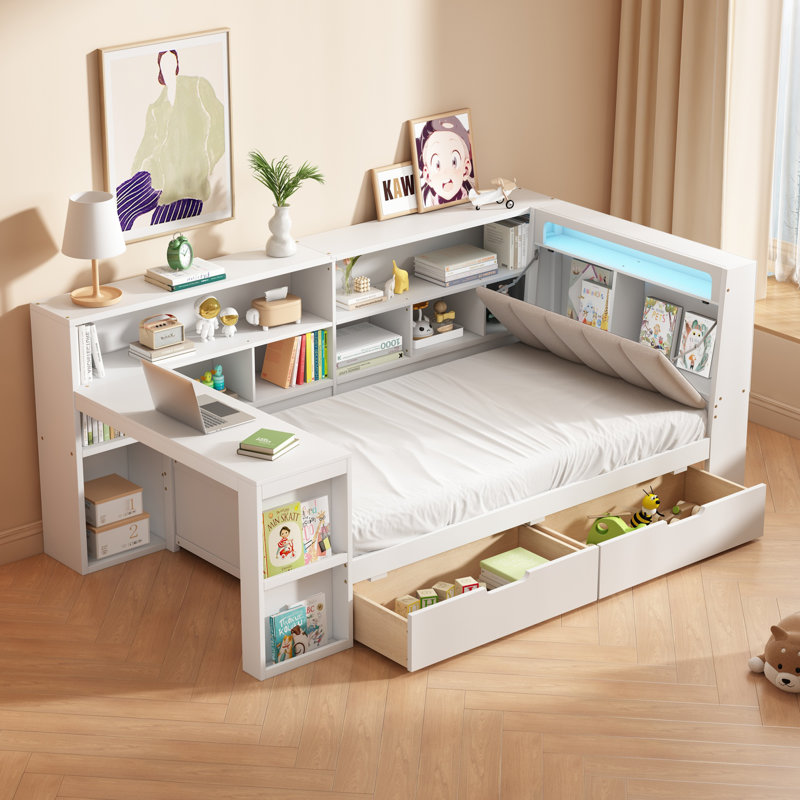 L-shaped Wooden Daybed with Desk and Storage Bookcase, Corner Bed with Upholstered Headboard and Under-bed Drawers and LED Light for for Bedroom Living Room
