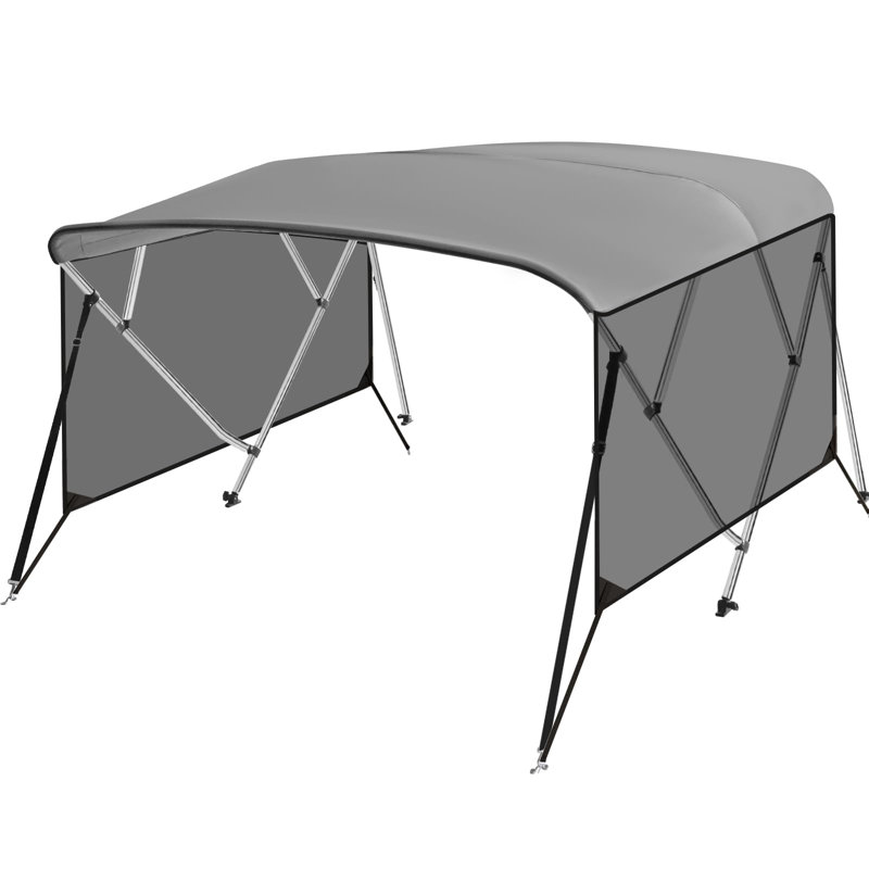 4 Bow Bimini Top with Light-Filtering Side Curtains, Watercraft 600D PU Canvas & 1" Aluminum Frame, 2 Straps, 2 Stable Rear Support Pole