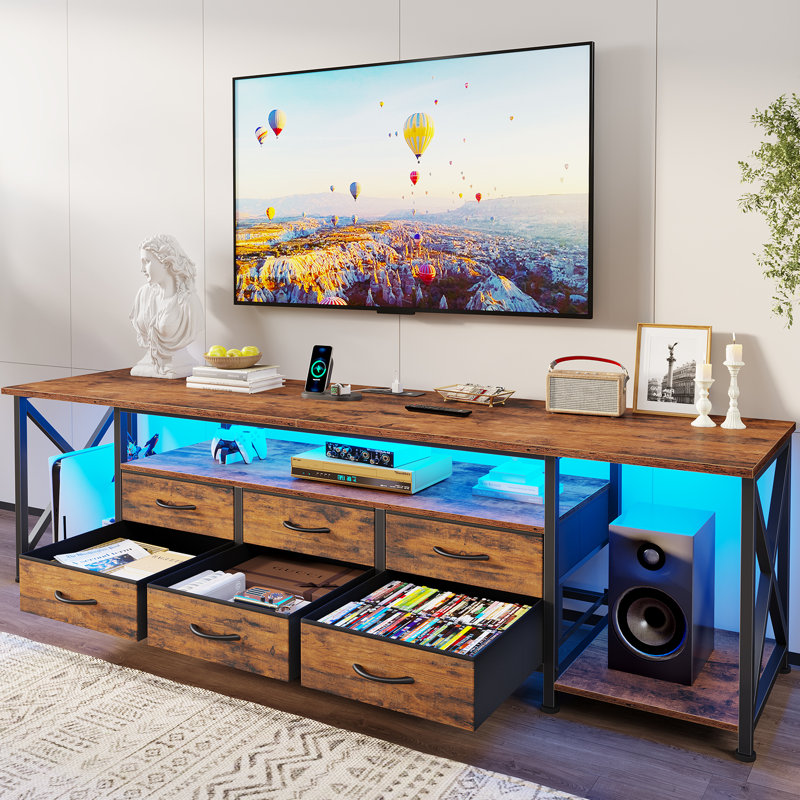 Tv Stand For Up To 80 Inch Tv With 6 Drawers And Charging Station, Rustic Brown