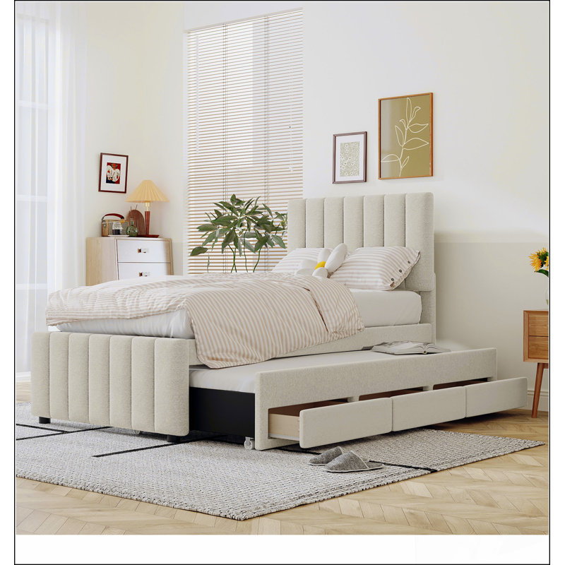 Lit plateforme tapissier avec lit gigogne et 3 tiroirs, parfait pour un espace de couchage supplémentaire et un rangement dans les chambres modernes.