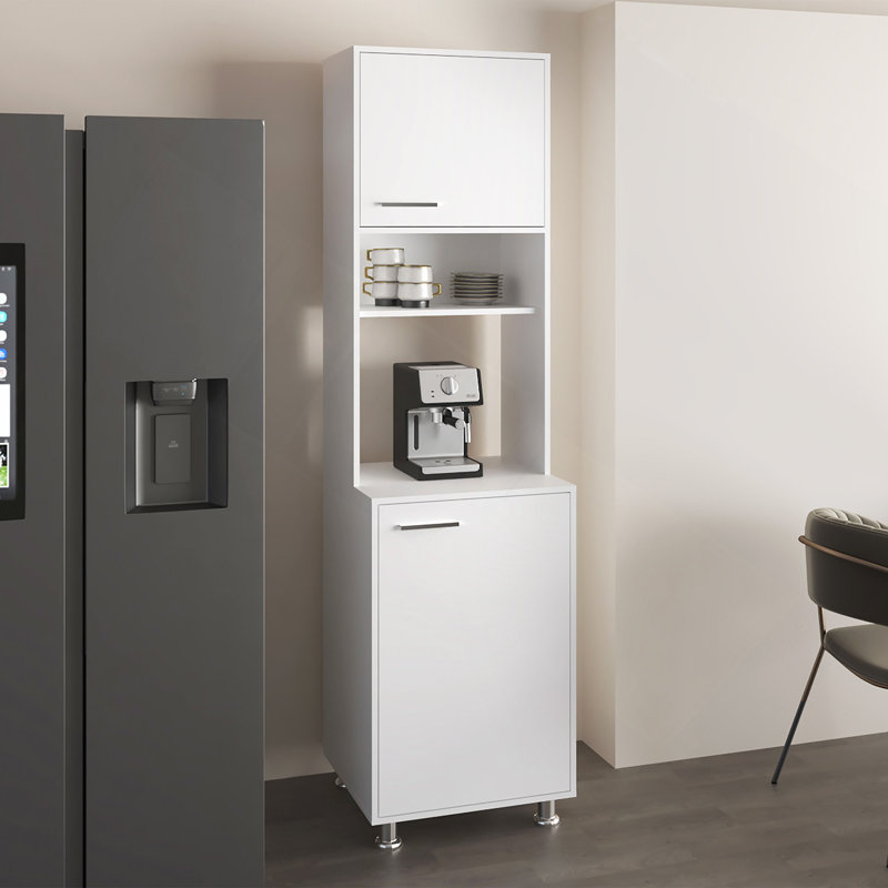 Armoire de cuisine avec deux portes, tablette centrale ouverte et rangement supérieur