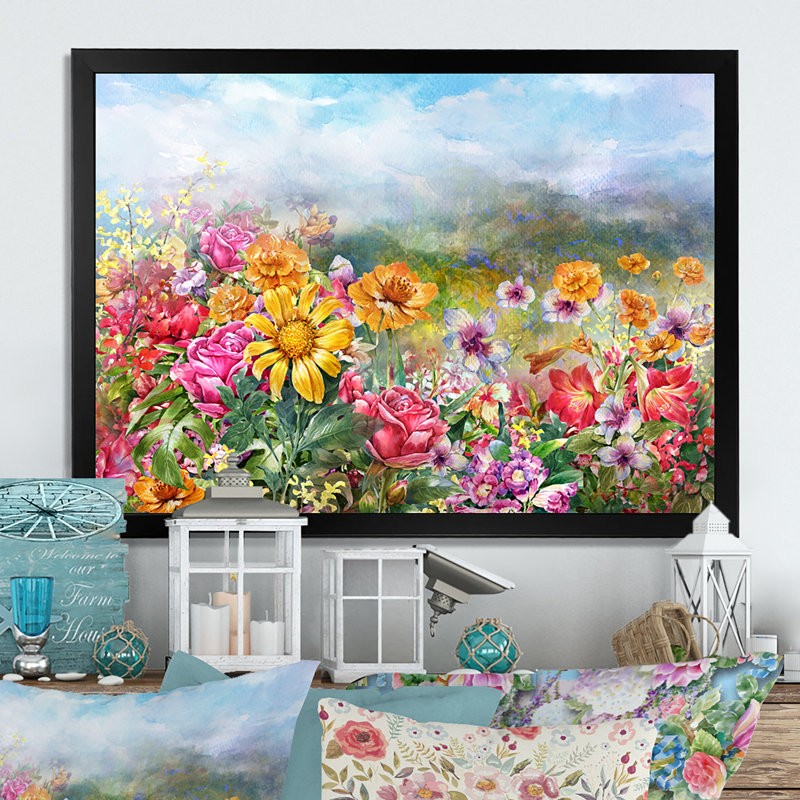«Summer Flower Field Art», reproduction sur toile flottante, Cadre photo noir, H 24 po x l 36 po x P 1 po