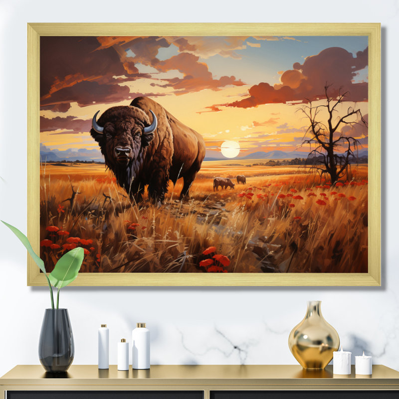Native American Art Bison Prairies I Framed On Canvas Print, H 30 po x l 40 po x P 1,5 po, Cadre doré à une seule photo