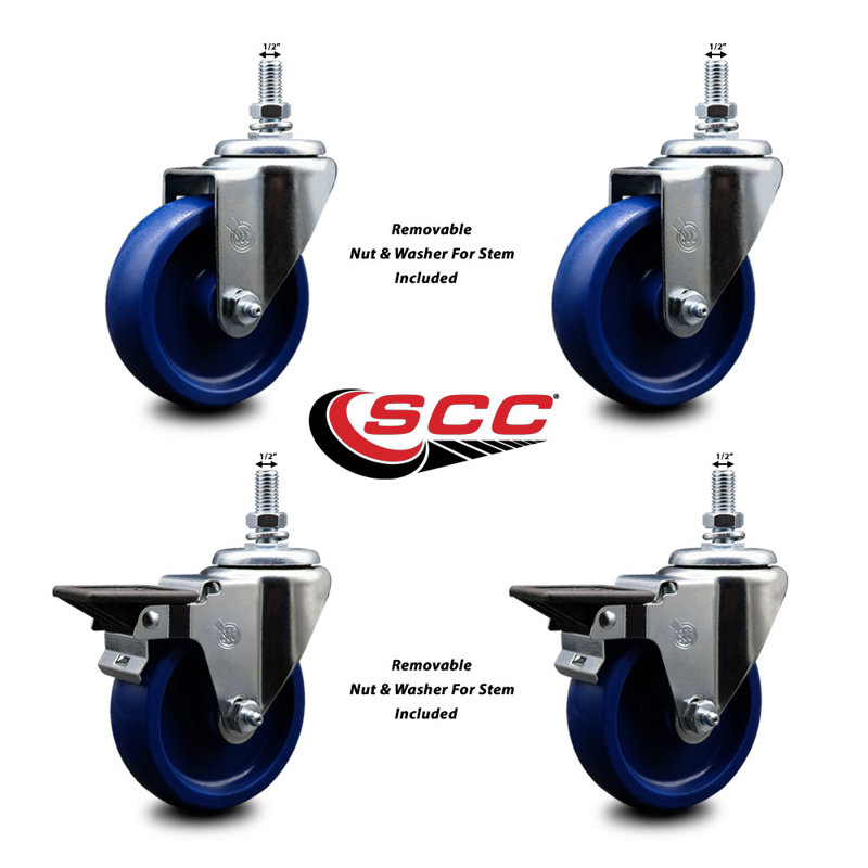 4 Inch_Solid Polyurethane ½ Inch Threaded Stem Caster Set 2 Brakes SCC