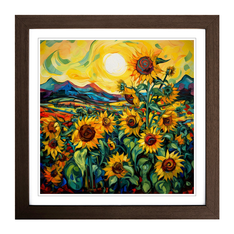 Sunflower Field Expressionism - Single Picture Frame Print on Wood, Walnut