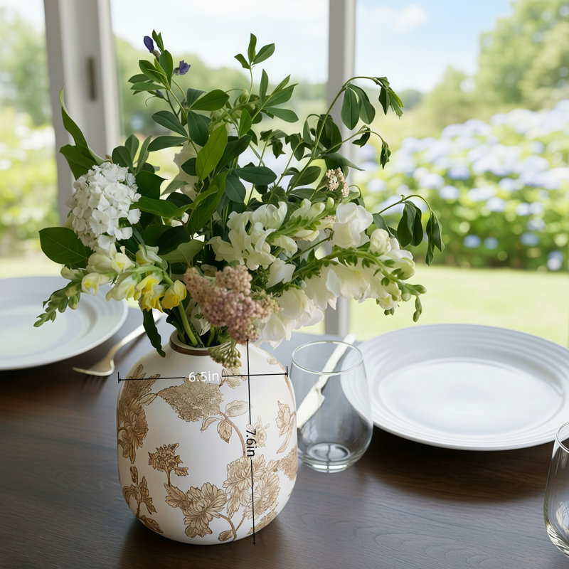 Motif floral brun peint! Vase de table en céramique blanche, alliant beauté et fonctionnalité.