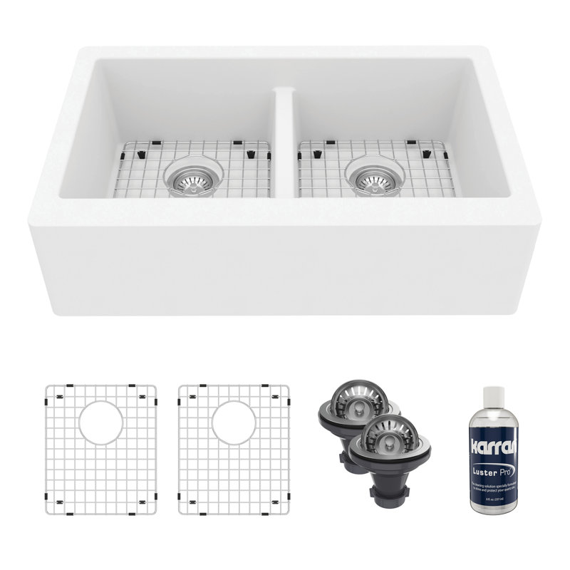 Karran Quartz 34'' X 21-1/4'' 50/50 Double Bowl Farmhouse/Apron Front Kitchen Sink Kit, White