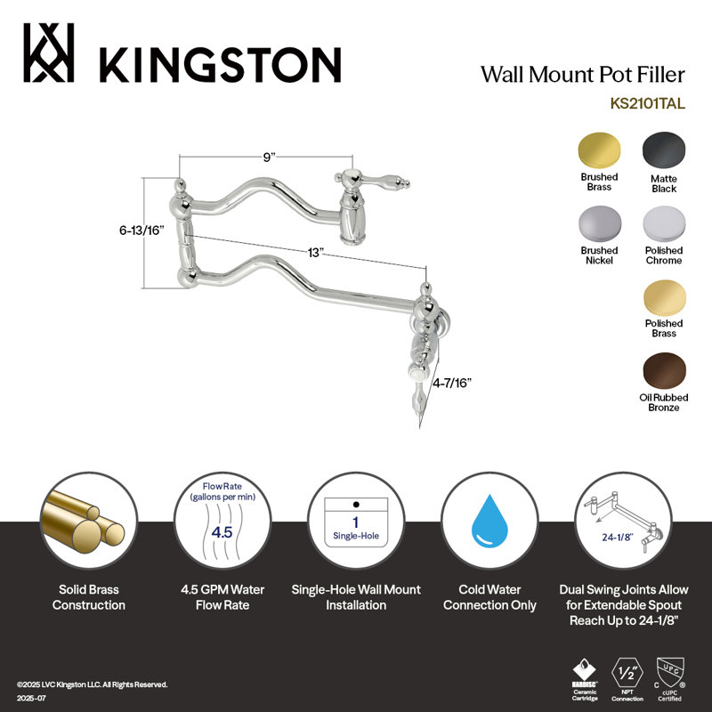 Kingston Brass Heritage Two-Handle 1-Hole Wall Mount Pot Filler Faucet, Brushed Nickel, Metal Lever