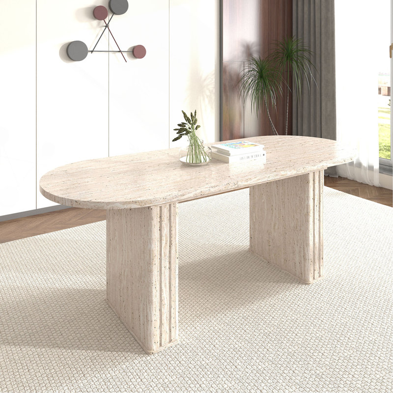 Kitchen Extendable Dining Table For 4-8 People, Oval Kitchen Table With Wooden Strip Base For Family Living Room, Beige